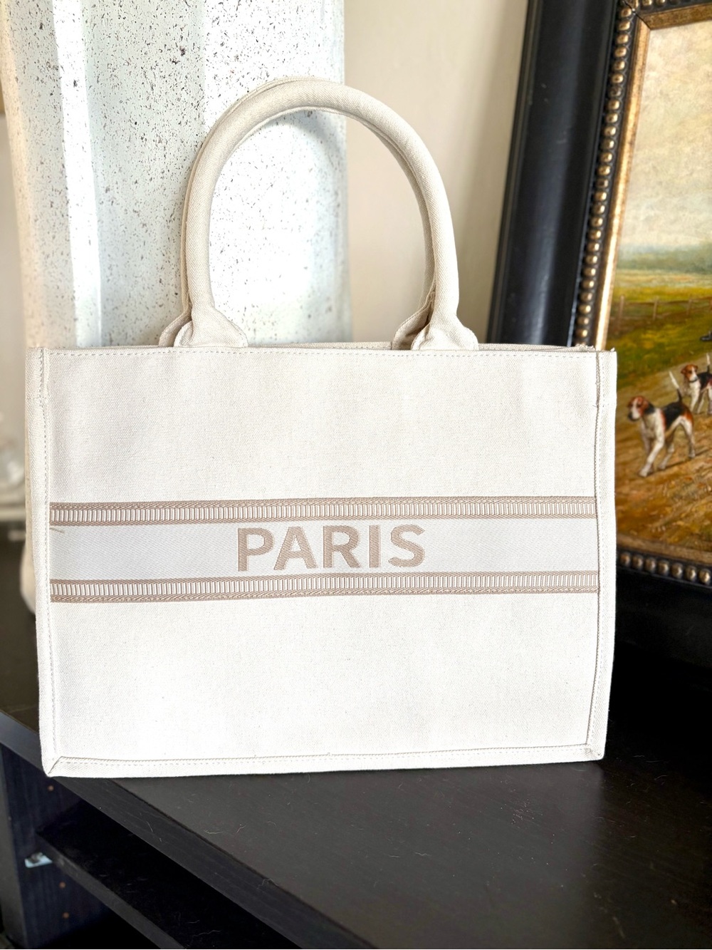 NEW French PARIS Canvas Tote Bag in Cream and Beige Medium